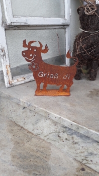 Deko Spaß Kuh mit der Schrift Griaß di ein Blickfang für ihren Eingang 25x25 cm